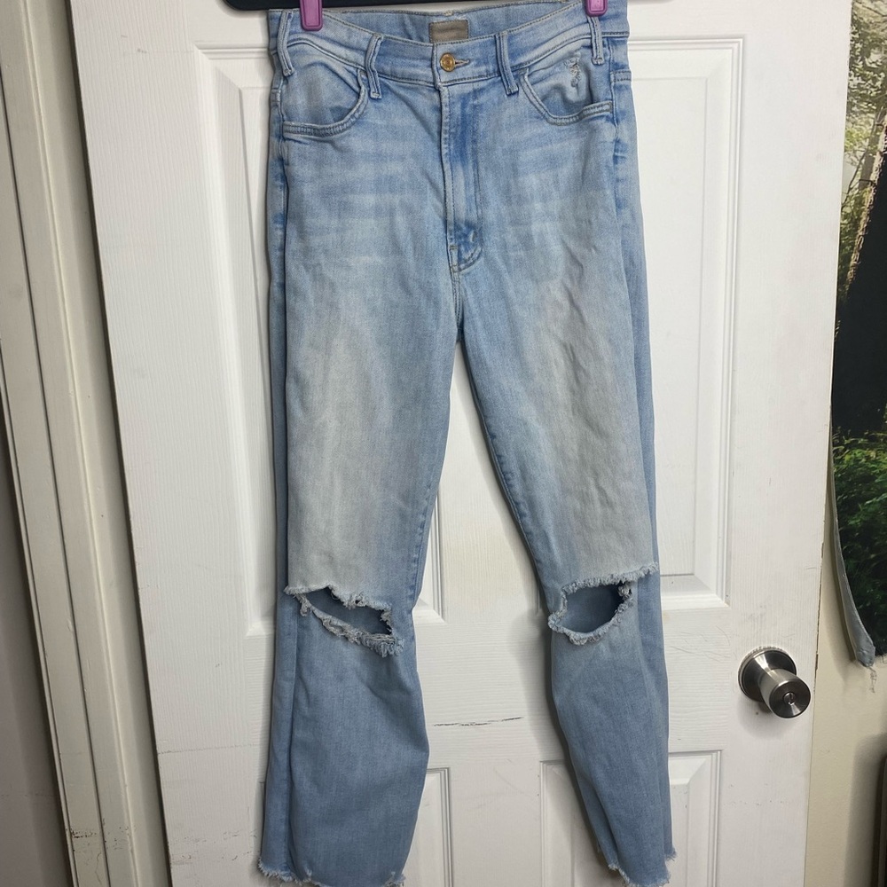MOTHER Light Blue Ripped Straight Leg Jeans